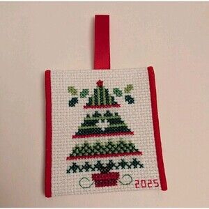 New Handmade Finished Cross-Stitch 2025 Holiday Christmas Tree Ribbon Ornament